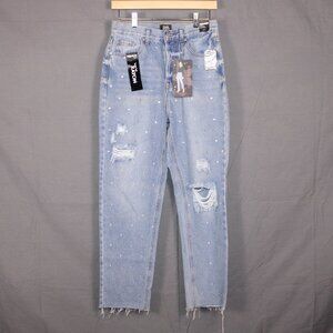 NWT Simple Society Y2K Crystal Destroyed High Rise Straight Jeans 5/27 Festival